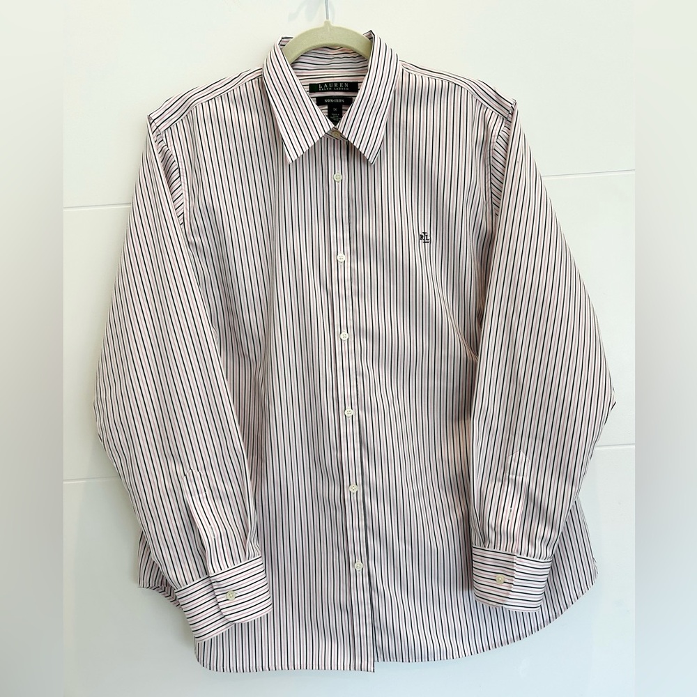 Lauren Ralph Lauren No Iron Pink Black White Striped Button Up Long Sleeve 1X